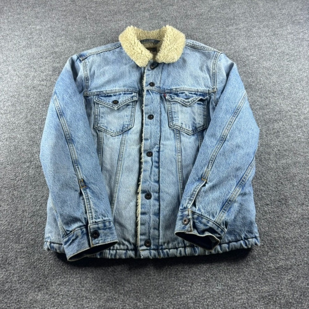 Levis Skateboarding Sherpa Trucker Jacket Mens M Blue Denim Snap Workwear